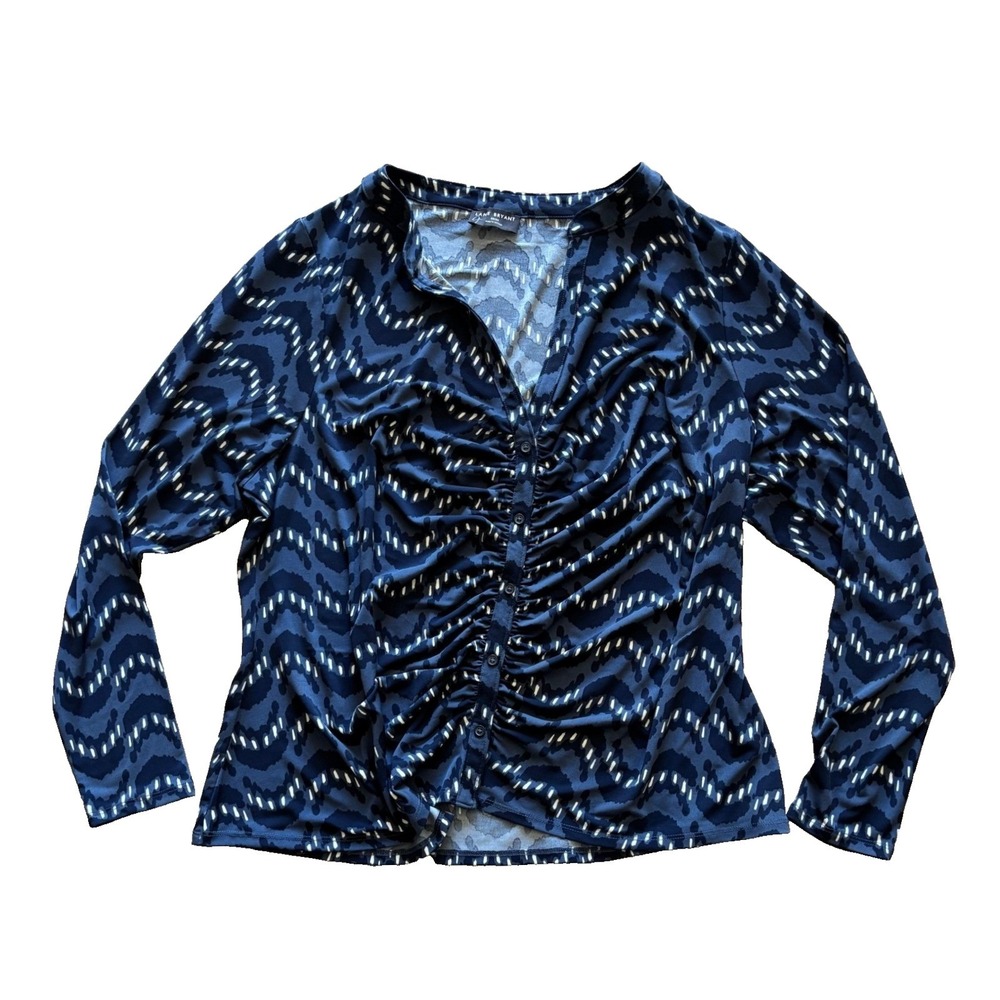 Lane Bryant Womens Plus 22/24 Blue Abstract Geometric Ruched Button Front Top‎